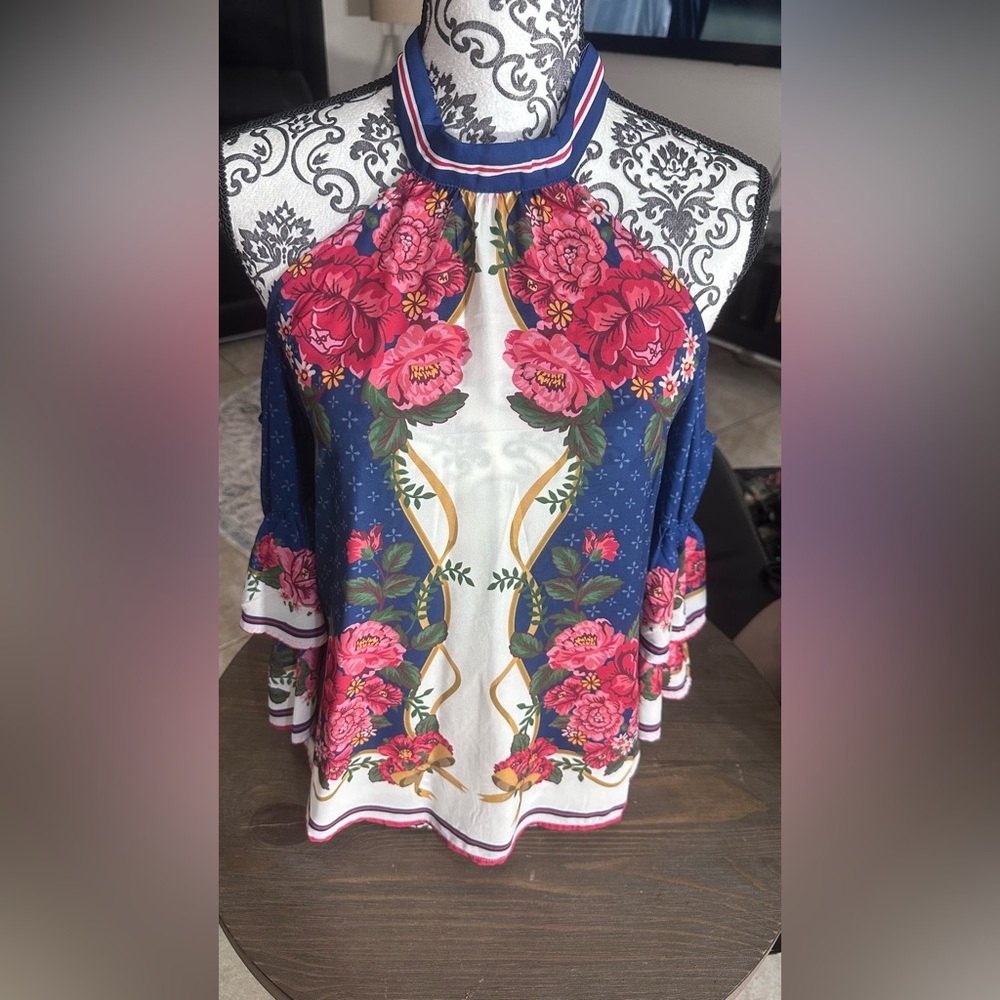Flying Tomato Floral Halter Blouse - Blue and Pink